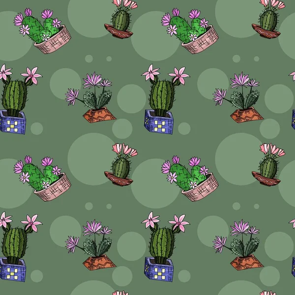 五颜六色的墨西哥植物 绿色背景 涂鸦绘图矢量无缝模式 — 图库矢量图片