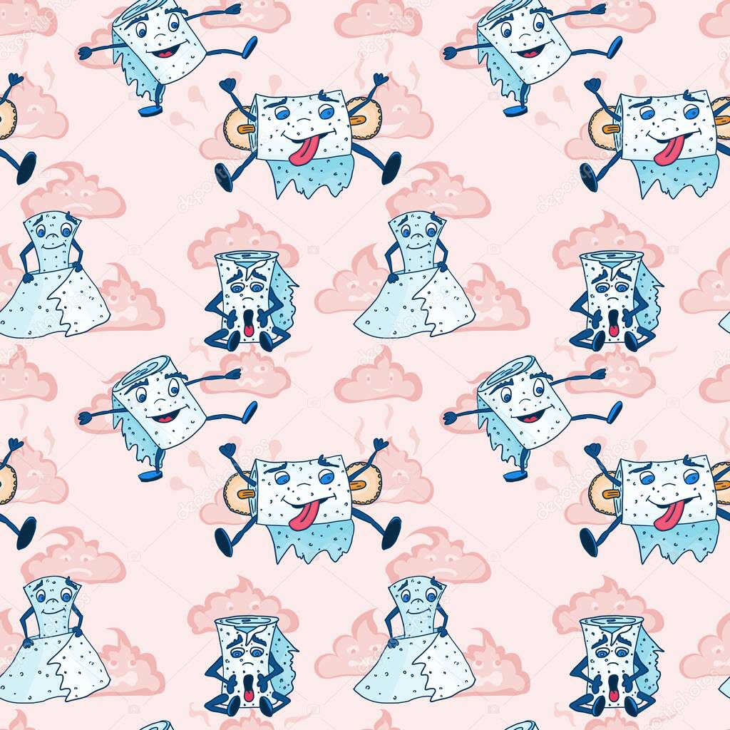 monsters from the toilet on a pink background. doodle drawing vector seamless pattern