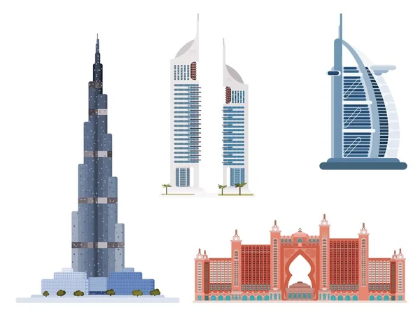 Una Selección Edificios Famosos Dubai Vector Estilo Plano — Vector de stock