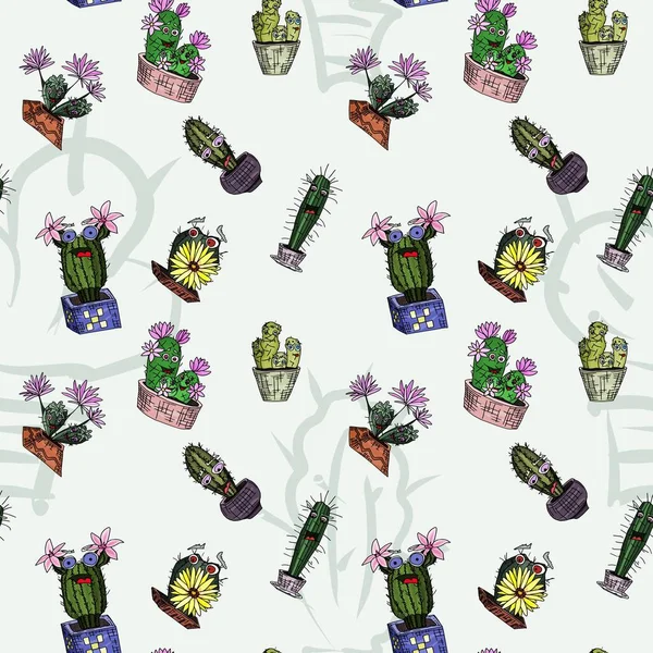Bezešvé Vzor Kaktusové Příšery Dopřát Lehkém Pozadí Vektor Stylu Doodle — Stockový vektor