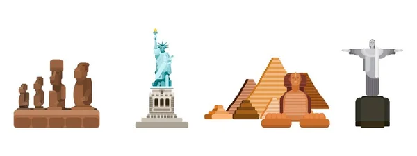 Estatuas Diferentes Partes Del Mundo Atracciones Turísticas Vector Estilo Plano — Vector de stock