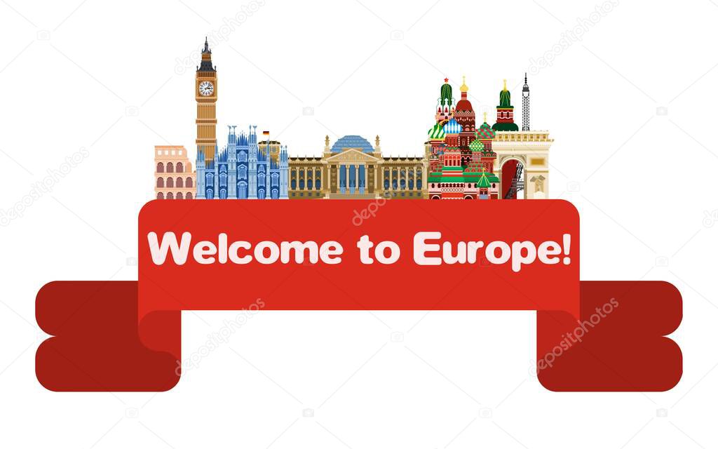 postcard travel to europe. from England to Russia. vector flat style