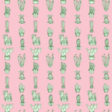 Pembe üzerine açık yeşil kaktüs. Çizim resmi kusursuz desen