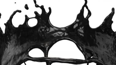 Aşırı yavaş çekimde siyah boya sıçraması ile uçuş, beyaz izole. 