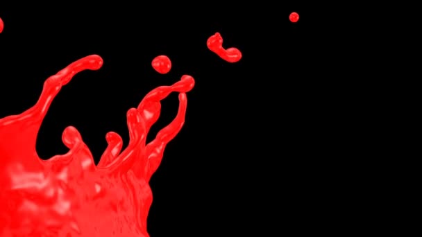 Κοντινή Όψη Του Πιτσιλίσματος Κόκκινου Χρώματος Αργή Κίνηση Απομονωμένη Μαύρο — Αρχείο Βίντεο