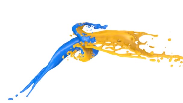 黄色と青の塗料のスプラッシュは 白い背景に隔離されたスローモーションで衝突します — ストック動画