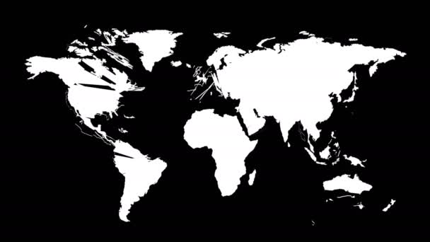 Silhouette World Map Falls Ground Breaks Pieces Isolated Black Background — Stock Video