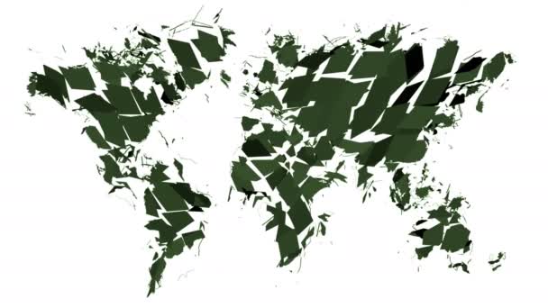 Green World Map Explodes Small Pieces Isolated White Background — Stock Video