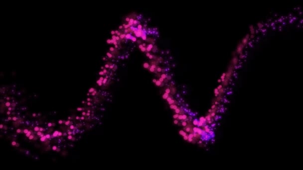 Particules brillantes roses et violettes coulant en mouvement ondulé, sur fond noir . 