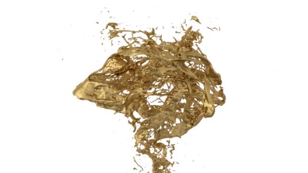 Рідкий Золотий Фонтан Розбризкується Повільному Русі Ізольований Білому Тлі — стокове відео