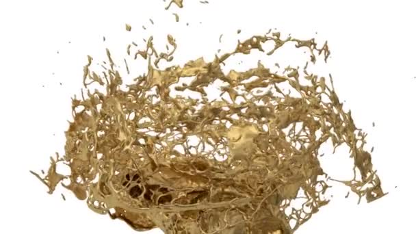 Grote Vloeibare Gouden Splash Fontein Super Slow Motion Geïsoleerd Witte — Stockvideo