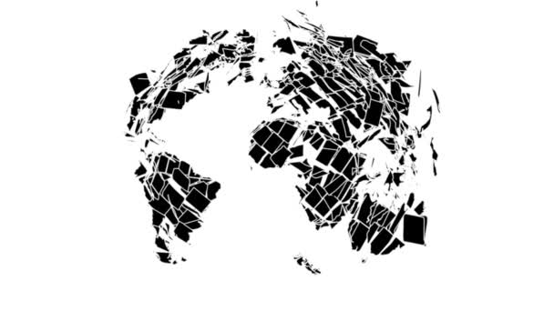 Black Sketch Planet Earth Globe Breaks Apart Pieces Isolated White — Stock Video