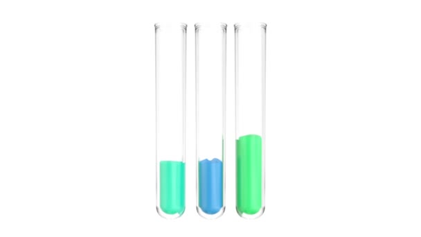 Blue Green Colored Liquids Flow Test Tubes Isolated White Background — Stock Video