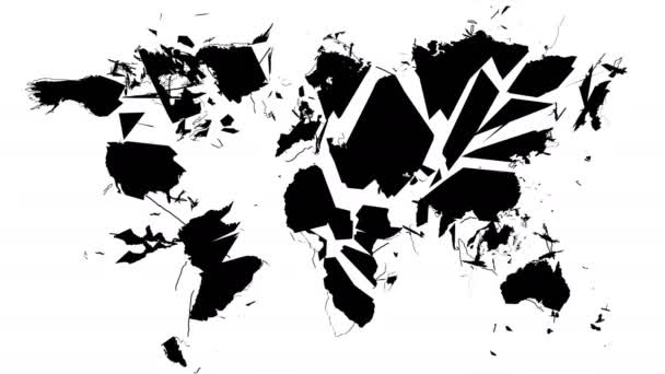 Silhueta Mapa Mundo Explode Pedaços Cai Chão Isolado Fundo Branco — Vídeo de Stock