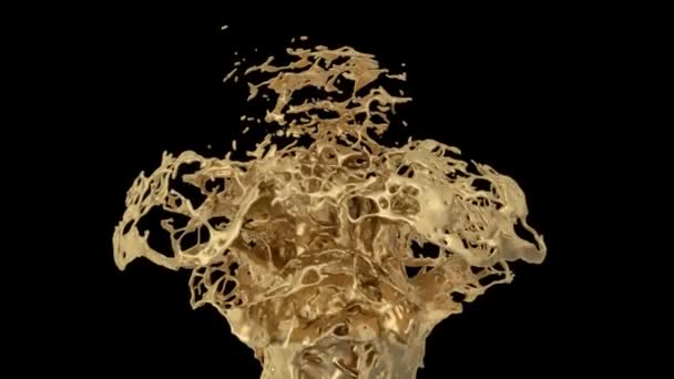 Vloeibare Gouden Fontein Spatten Super Slow Motion Geïsoleerd Zwarte Achtergrond — Stockvideo