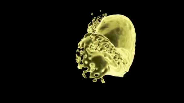 Yellow Glowing Liquid Splashes Abstract Keeps Rotating Isolated Black Background — Stock Video