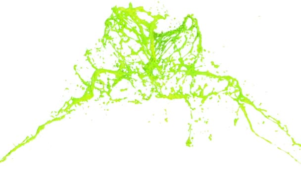 Green Paint Splashes Collide Slow Motion Isolated White Background — Stock Video