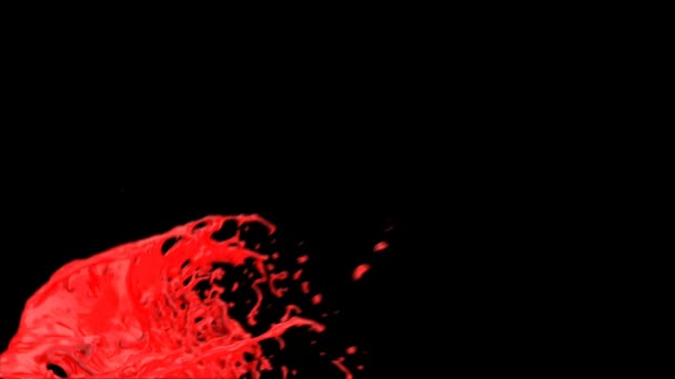 Κόκκινη Μπογιά Που Πιτσιλίζει Αργή Κίνηση Στην Οθόνη Απομονωμένη Μαύρο — Αρχείο Βίντεο
