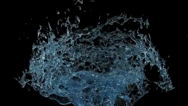 大浅蓝色水飞溅喷泉在超慢运动 隔离在黑色背景 — 图库视频影像