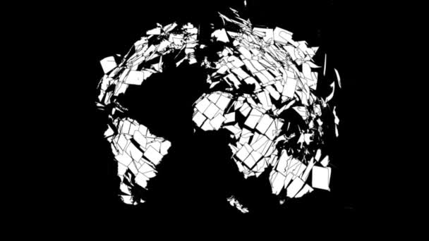 Vit Skiss Planeten Earth Globe Bryter Isär Bitar Isolerad Svart — Stockvideo