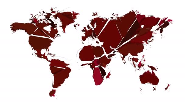 Mapa Mundo Vermelho Explode Pedaços Cai Chão Fundo Branco — Vídeo de Stock