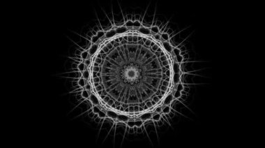 Gizemli soyut yuvarlak desen büyüyen ve değişen, sorunsuz döngü, siyah arka plan üzerinde izole