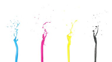 Cmyk boya sıçramaları, beyaz arka plan üzerinde izole