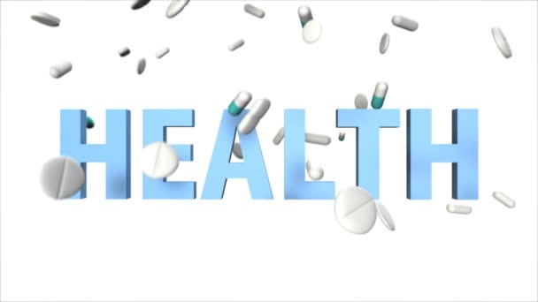 多くの薬や錠剤は 白い背景に 青い文字の健康に落ちる — ストック動画