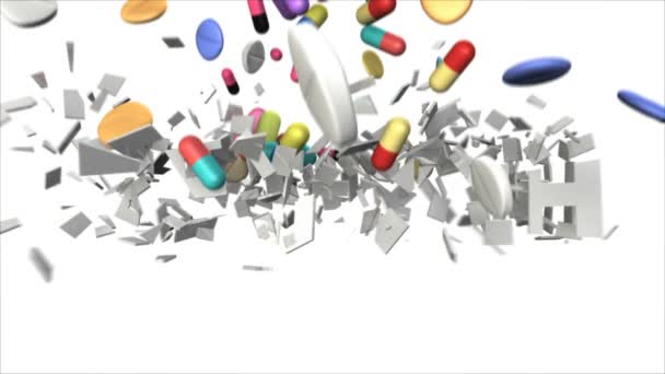 Πολύχρωμα Πέφτουν Φάρμακα Σπάνε Λευκά Γράμματα Υγεία Κομμάτια Λευκό Φόντο — Αρχείο Βίντεο