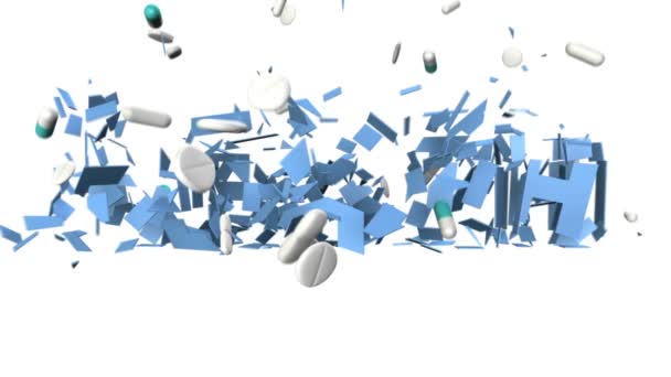 落ちる薬や錠剤は 白い背景に 粉々に青い文字の健康を粉砕 — ストック動画