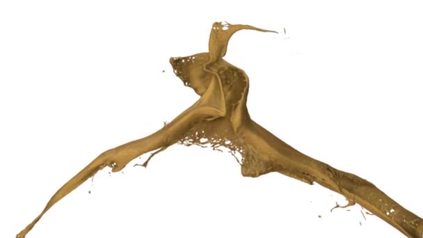 Золотая Краска Брызги Сталкиваются Замедленной Съемке Изолированные Белом Фоне — стоковое видео