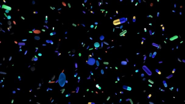 Molti Farmaci Multicolori Diversi Che Cadono Luce Nera — Video Stock