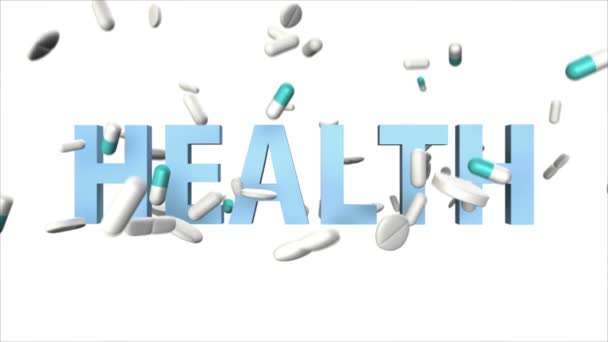 药物和药片落在蓝色字母健康 白色背景 — 图库视频影像