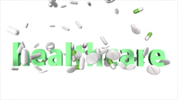 多くの薬や錠剤は 白い背景に 緑色のレタリングヘルスケアに落ちる — ストック動画