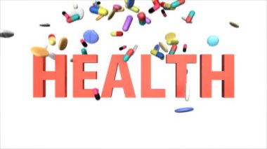Renkli düşen ilaçlar parçalarhalinde, beyaz arka plan üzerinde, parçalarhalinde kırmızı yazı Sağlık şut. 