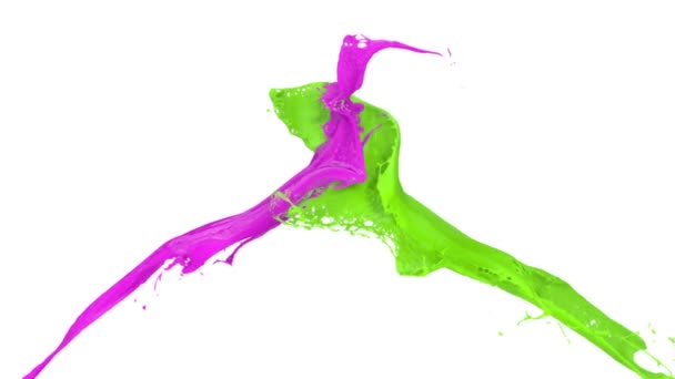 粉红色和绿色油漆飞溅在慢动作碰撞 隔离在白色背景 — 图库视频影像
