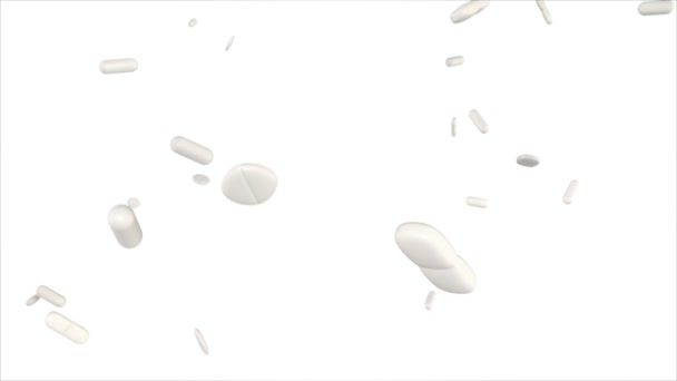 Close View Falling White Drugs Pills White Background — Stock Video