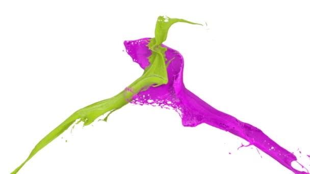 Salpicaduras Pintura Verde Púrpura Chocan Cámara Lenta Aisladas Sobre Fondo — Vídeo de stock