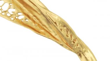 Yavaş çekimde soyut akan parlak parlak altın, beyaz arka plan üzerinde izole