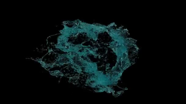 Бирюзовое Голубое Водяное Кольцо Плескается Диким Турбулентным Изолированным Черном Фоне — стоковое видео