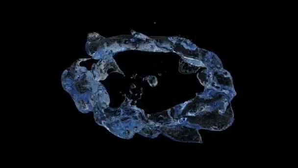Sloping Ring Blue Water Transforms Drop Isolated Black Background — Stock Video