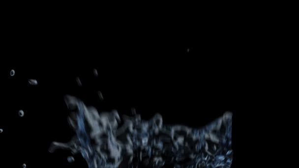 Camera Flight Passing Blue Water Splash Close Black Background — Stock Video