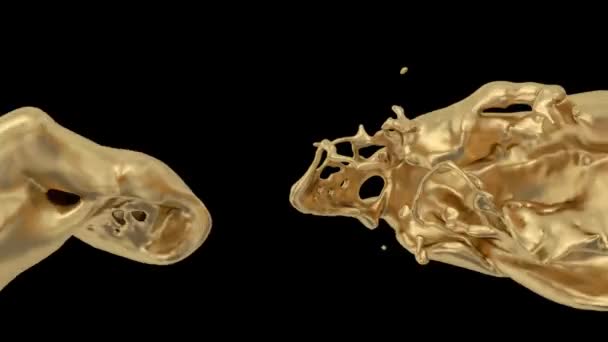 Vue rapprochée de l'or liquide brillant qui coule au ralenti, isolé sur noir  