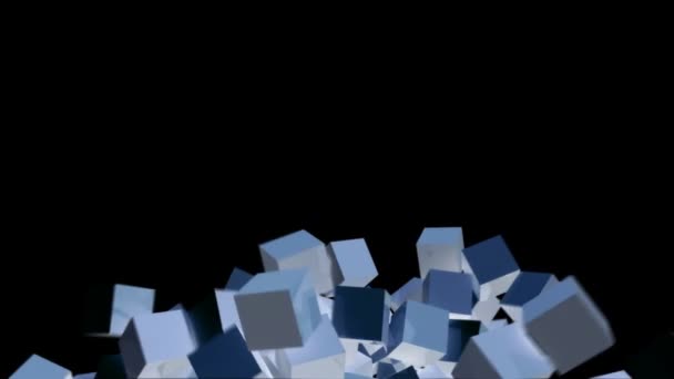 Cubes bleus en mouvement abstrait, sur fond noir . 