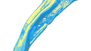 Dalgalı hareketle akan karışık mavi ve sarı renk, beyaz arka plan üzerinde izole. 