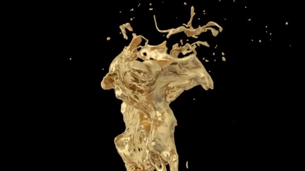 Heldere Gouden Spatten Abstract Slow Motion Geïsoleerd Zwarte Achtergrond — Stockvideo