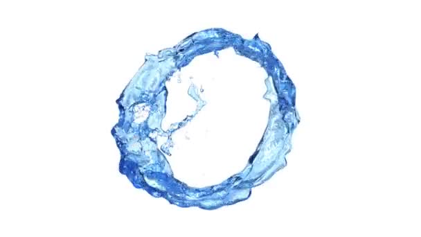 水しぶきとスローモーションで流れる青いリング 白い背景に隔離 — ストック動画