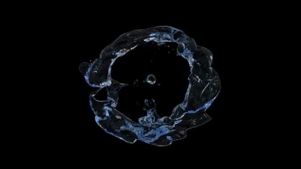 蓝色水的飞溅环变成落差 在黑色背景上隔离 — 图库视频影像