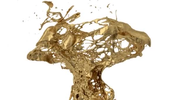 Gouden Spatten Slow Motion Geïsoleerd Witte Achtergrond — Stockvideo