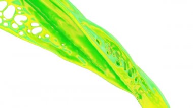 Beyaz arka plan üzerinde izole yavaş çekimde akan karışık yeşil ve sarı boya. 